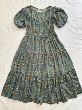 Lena Teal Floral Tiered Puff-Sleeve Cottagecore Women's Dress